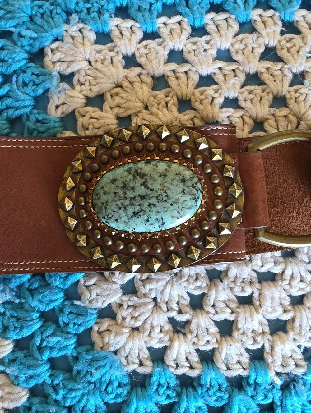Leather Rock Leather Belt With Turquoise Buckle With Gild Studs